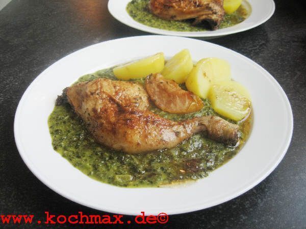 Bauernhuhn mit Grünkohlpfanne und Selleriesauce