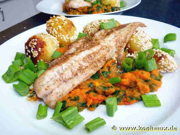 Sesamkartoffeln mit Curry-Möhren-Dip