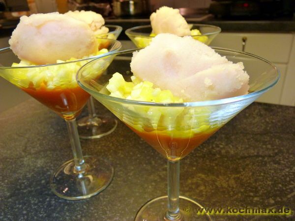 Feines Karottenpüree mit Kreuzkümmel, Sorbet und Tatar von Granny-Smith-Äpfeln