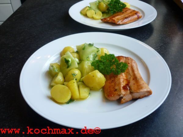 Kartoffel-Gurkensalat mit Lachs