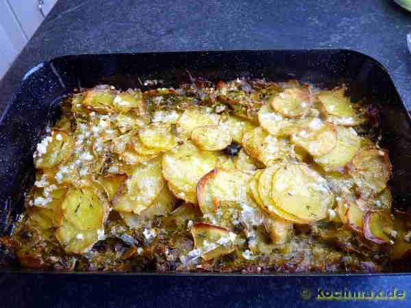 Kartoffelgratin mit Lauch und Oliven