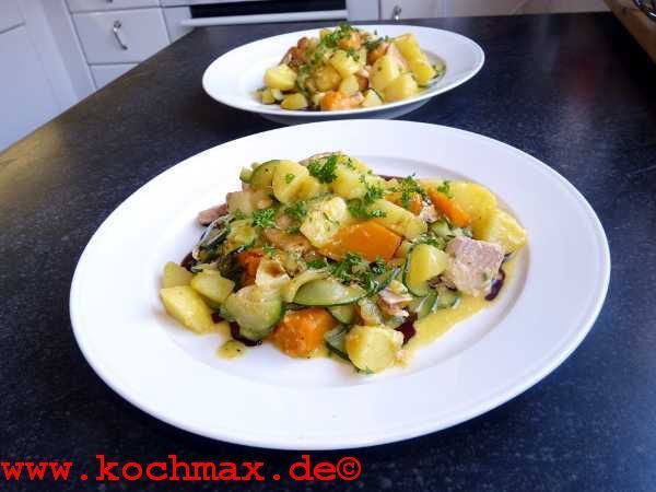 Kartoffelgulasch mit geräuchertem Saibling