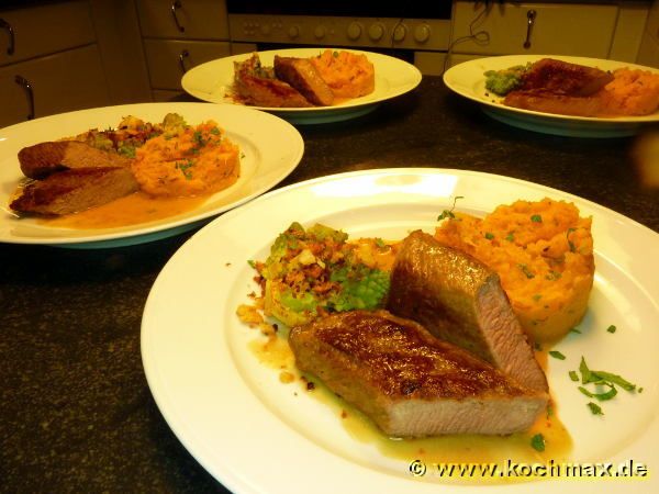 Lammlachs mit Süsskartoffelpüree und gebratenem Romanesco