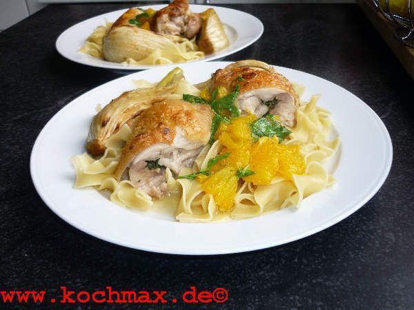 Poelierte Gockelkeulen mit Fenchel und Orangen