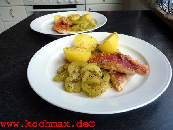 Rotbarbenfilet mit Zitronensauce und Gurkengemüse