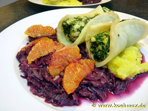 Selleriecannelloni mit Spinat und Orangen-Rotkohl