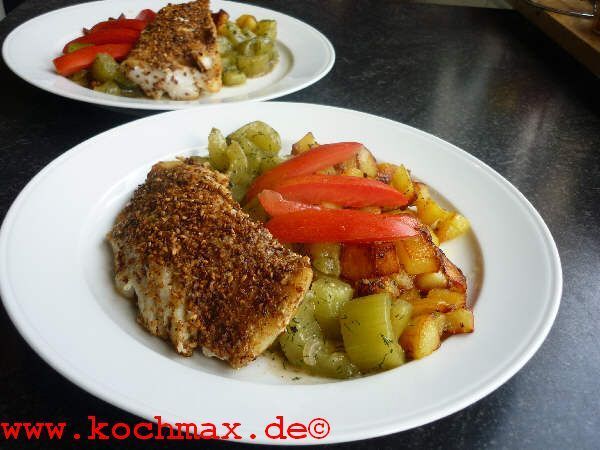 Sesam-Rotbarsch-Filet mit Gurken-Gemüse